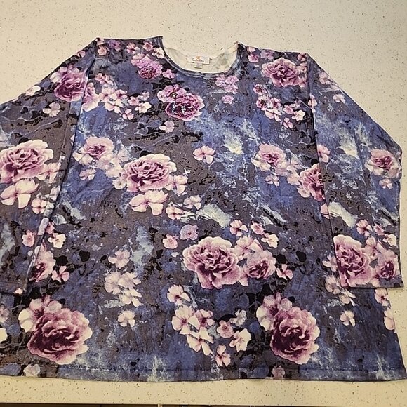 Quacker Factory Floral Printed Knit Pullover Sequin Embellishment 2X Purple Gray - Picture 1 of 7